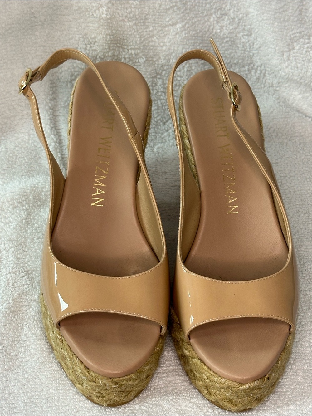 Stuart Weitzman Nude Patent Espadrille Slingback Wedges